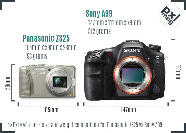 Panasonic ZS25 vs Sony A99 size comparison