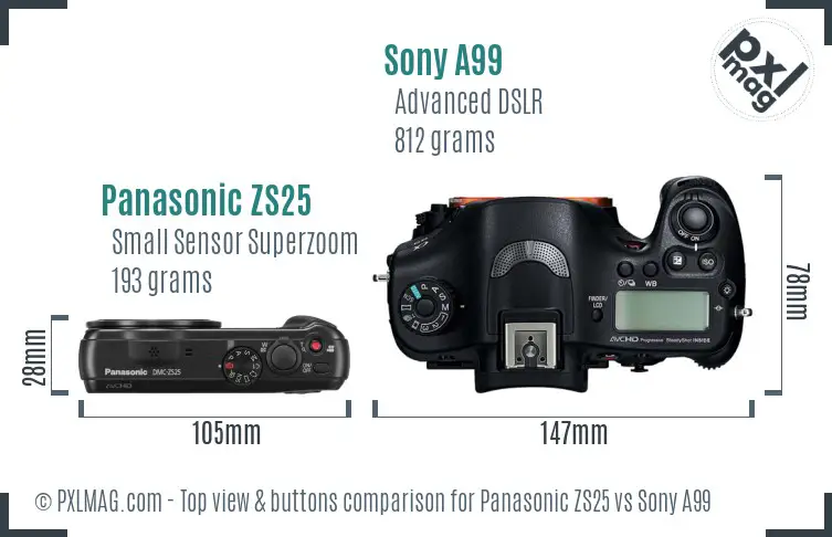 Panasonic ZS25 vs Sony A99 top view buttons comparison