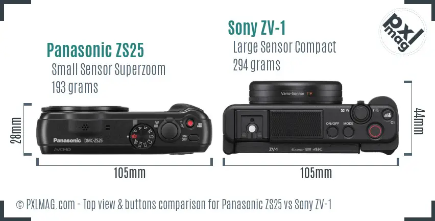 Panasonic ZS25 vs Sony ZV-1 top view buttons comparison