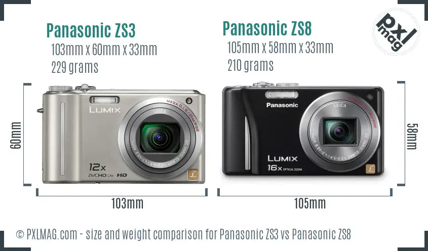 Panasonic ZS3 vs Panasonic ZS8 size comparison