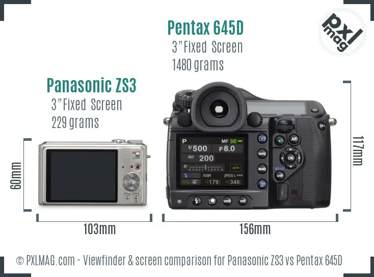Panasonic ZS3 vs Pentax 645D Screen and Viewfinder comparison