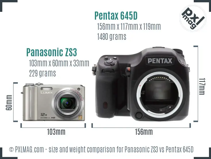 Panasonic ZS3 vs Pentax 645D size comparison