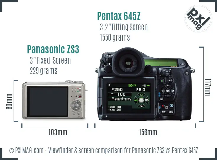 Panasonic ZS3 vs Pentax 645Z Screen and Viewfinder comparison