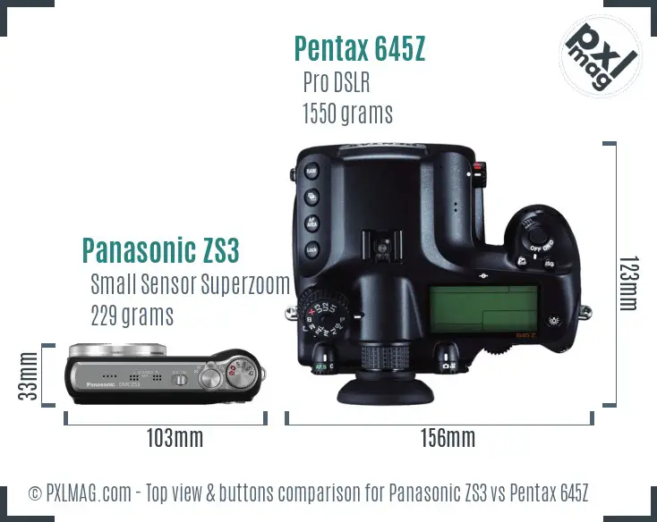 Panasonic ZS3 vs Pentax 645Z top view buttons comparison