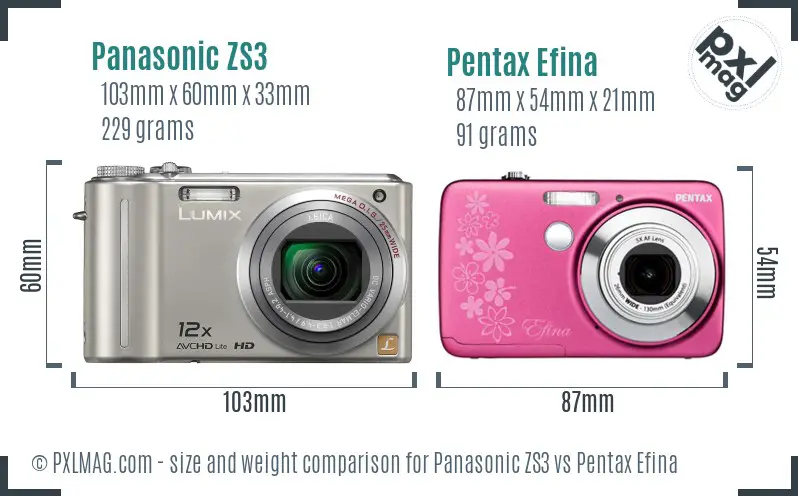 Panasonic ZS3 vs Pentax Efina size comparison
