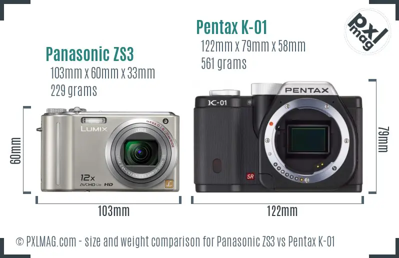 Panasonic ZS3 vs Pentax K-01 size comparison