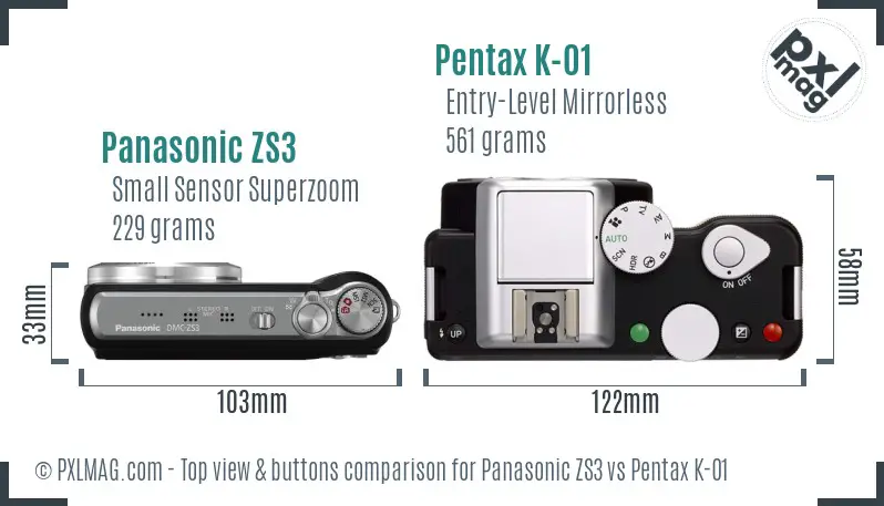 Panasonic ZS3 vs Pentax K-01 top view buttons comparison