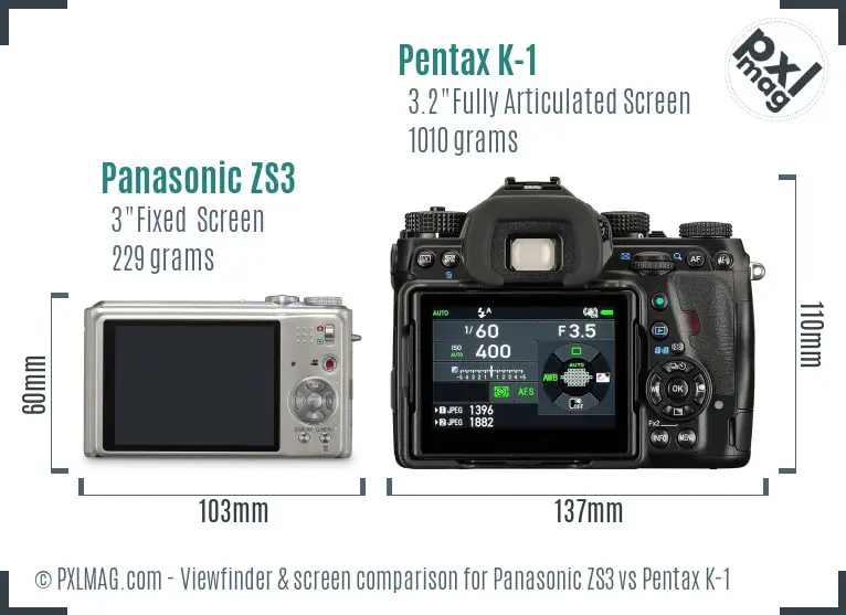 Panasonic ZS3 vs Pentax K-1 Screen and Viewfinder comparison