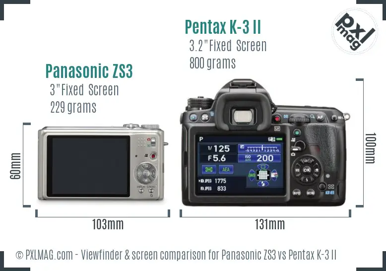 Panasonic ZS3 vs Pentax K-3 II Screen and Viewfinder comparison
