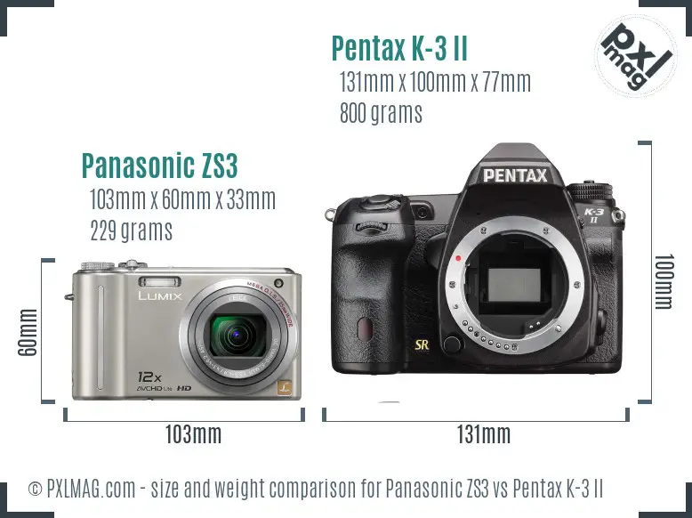 Panasonic ZS3 vs Pentax K-3 II size comparison
