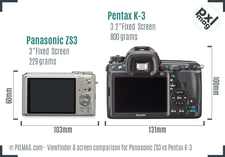 Panasonic ZS3 vs Pentax K-3 Screen and Viewfinder comparison