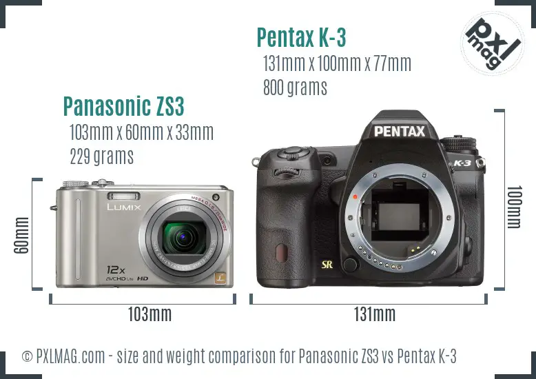 Panasonic ZS3 vs Pentax K-3 size comparison