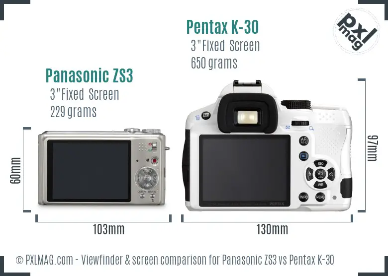 Panasonic ZS3 vs Pentax K-30 Screen and Viewfinder comparison