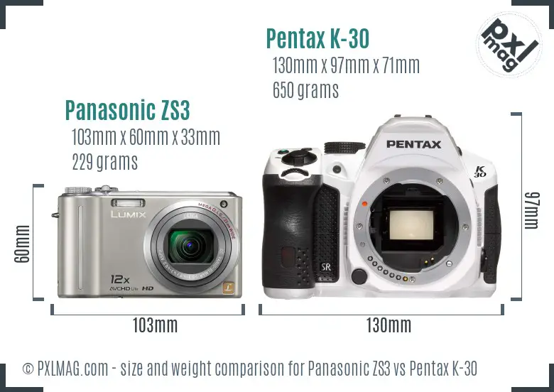 Panasonic ZS3 vs Pentax K-30 size comparison