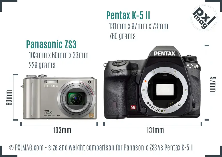 Panasonic ZS3 vs Pentax K-5 II size comparison