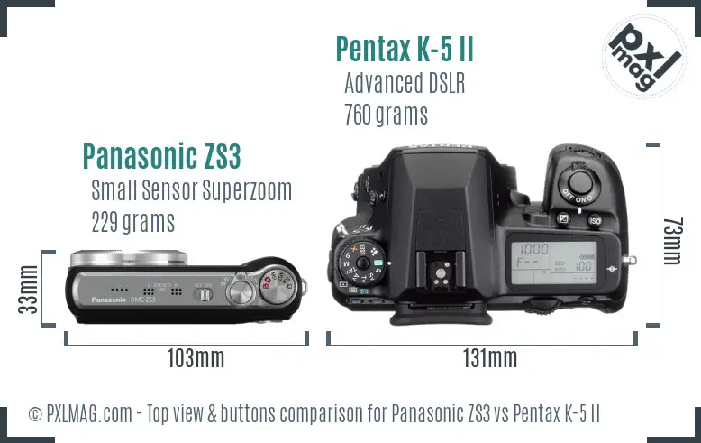 Panasonic ZS3 vs Pentax K-5 II top view buttons comparison