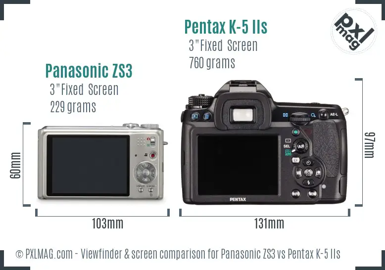 Panasonic ZS3 vs Pentax K-5 IIs Screen and Viewfinder comparison