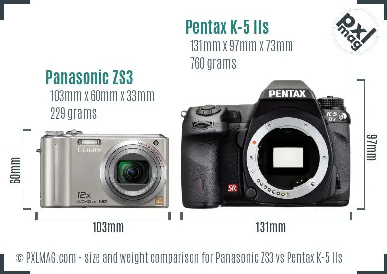 Panasonic ZS3 vs Pentax K-5 IIs size comparison
