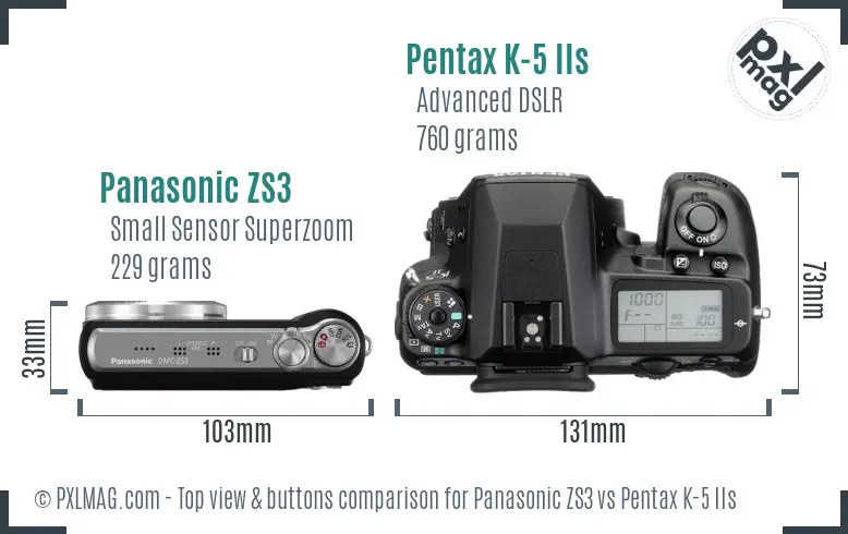 Panasonic ZS3 vs Pentax K-5 IIs top view buttons comparison