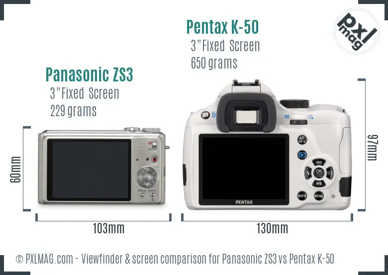 Panasonic ZS3 vs Pentax K-50 Screen and Viewfinder comparison