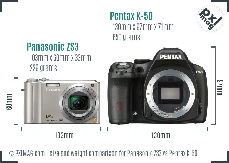 Panasonic ZS3 vs Pentax K-50 size comparison