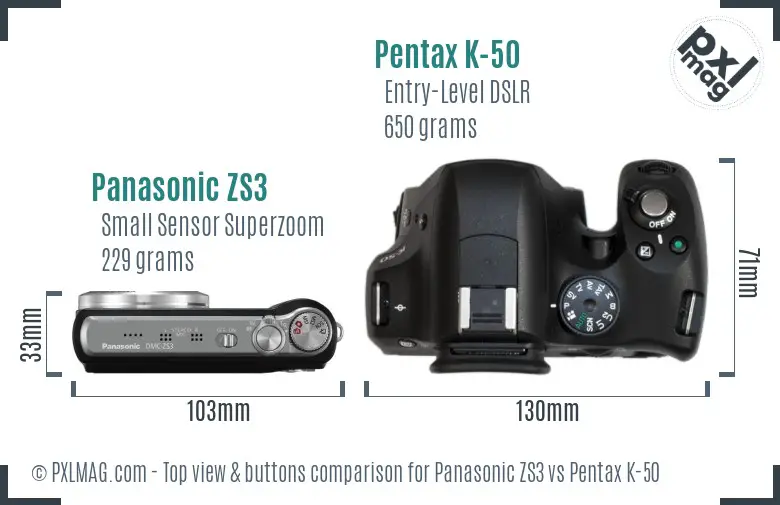 Panasonic ZS3 vs Pentax K-50 top view buttons comparison