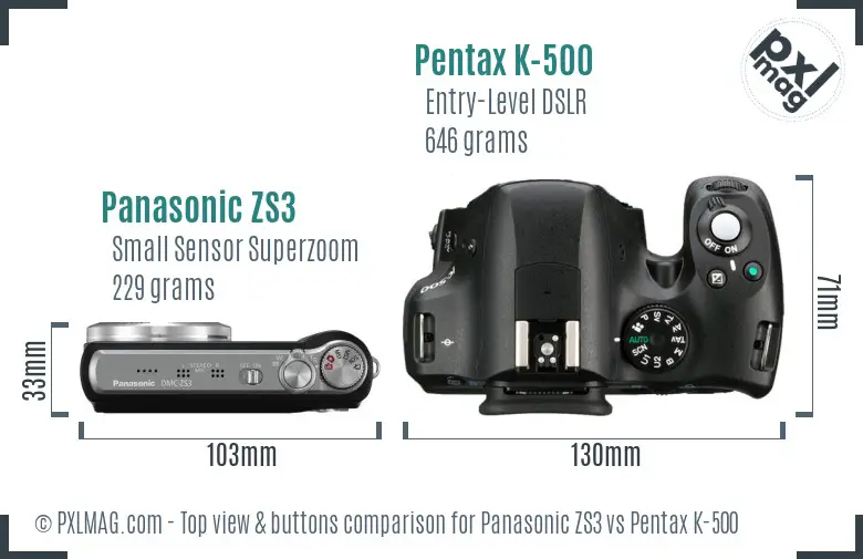 Panasonic ZS3 vs Pentax K-500 top view buttons comparison