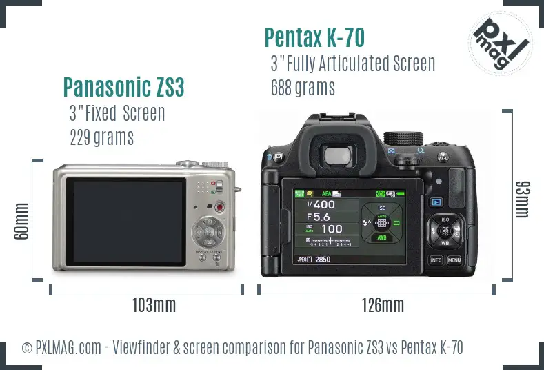 Panasonic ZS3 vs Pentax K-70 Screen and Viewfinder comparison