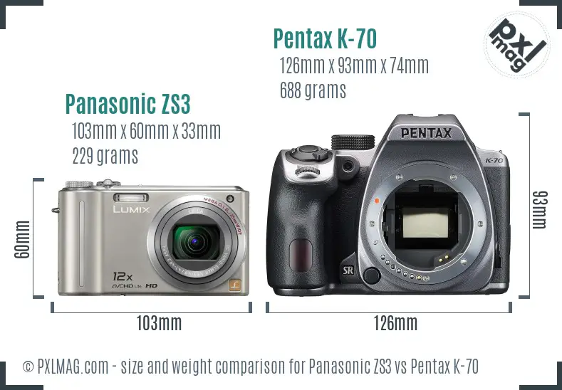 Panasonic ZS3 vs Pentax K-70 size comparison
