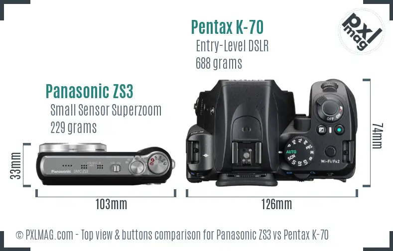 Panasonic ZS3 vs Pentax K-70 top view buttons comparison