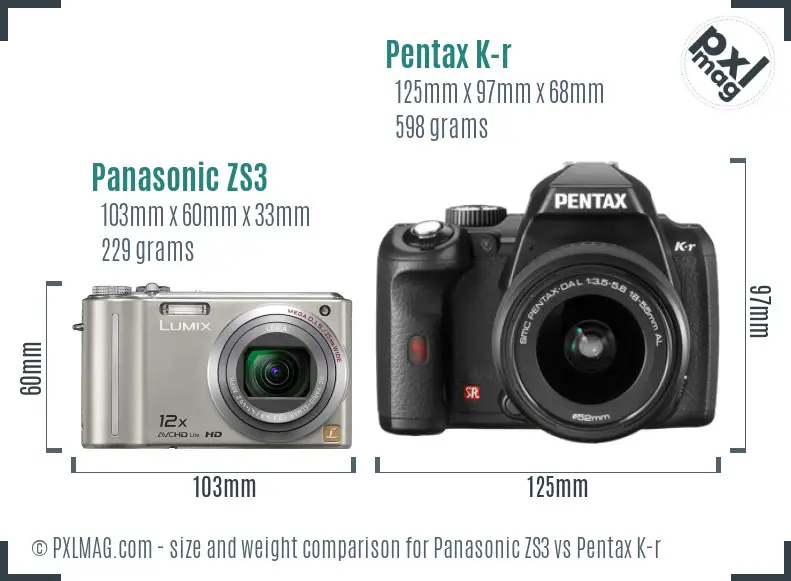 Panasonic ZS3 vs Pentax K-r size comparison