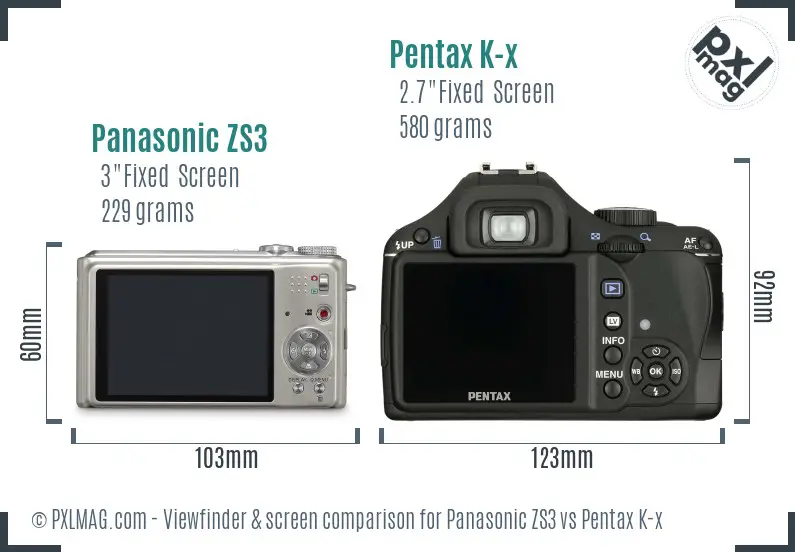 Panasonic ZS3 vs Pentax K-x Screen and Viewfinder comparison