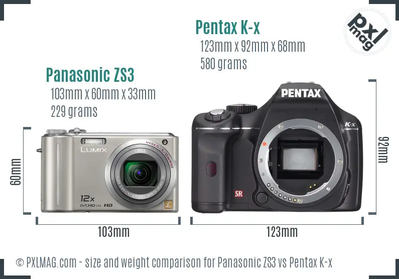 Panasonic ZS3 vs Pentax K-x size comparison