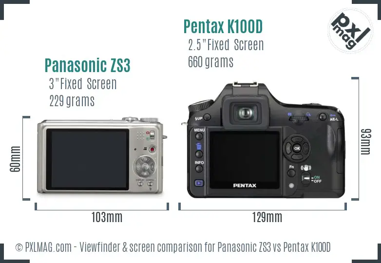 Panasonic ZS3 vs Pentax K100D Screen and Viewfinder comparison