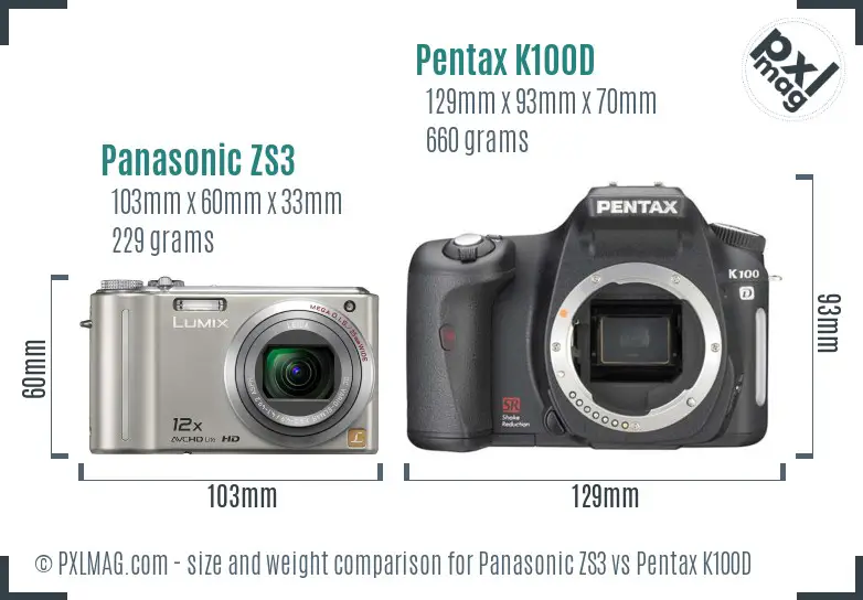 Panasonic ZS3 vs Pentax K100D size comparison