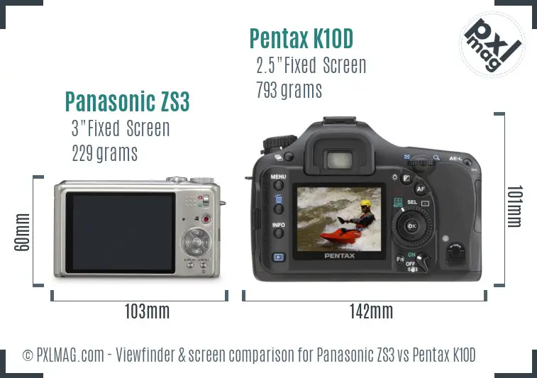 Panasonic ZS3 vs Pentax K10D Screen and Viewfinder comparison