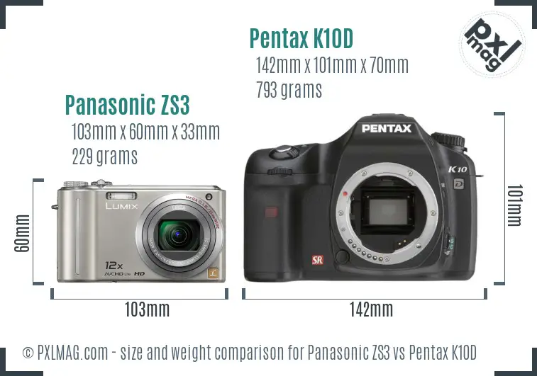 Panasonic ZS3 vs Pentax K10D size comparison