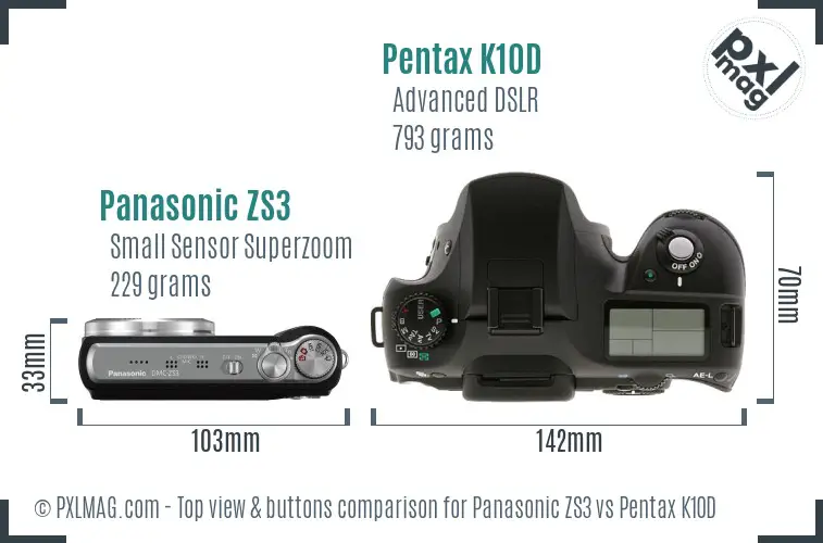 Panasonic ZS3 vs Pentax K10D top view buttons comparison