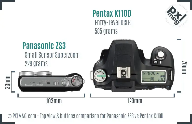 Panasonic ZS3 vs Pentax K110D top view buttons comparison