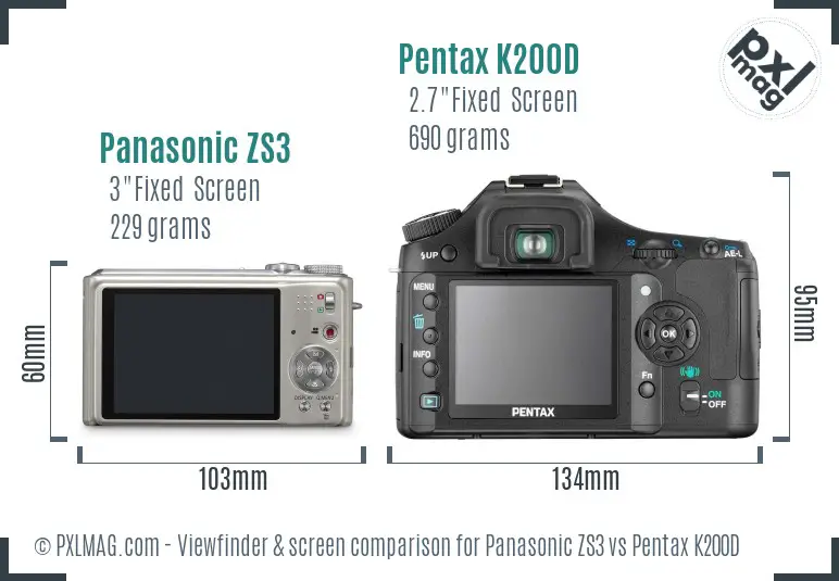 Panasonic ZS3 vs Pentax K200D Screen and Viewfinder comparison