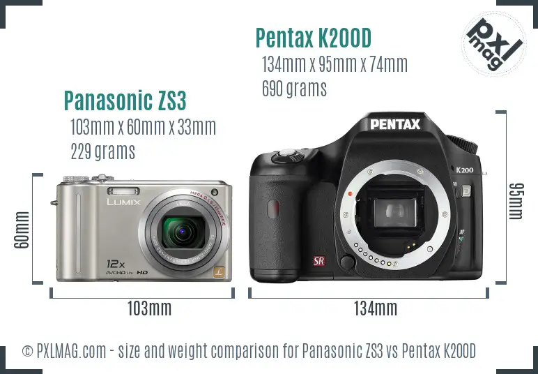 Panasonic ZS3 vs Pentax K200D size comparison