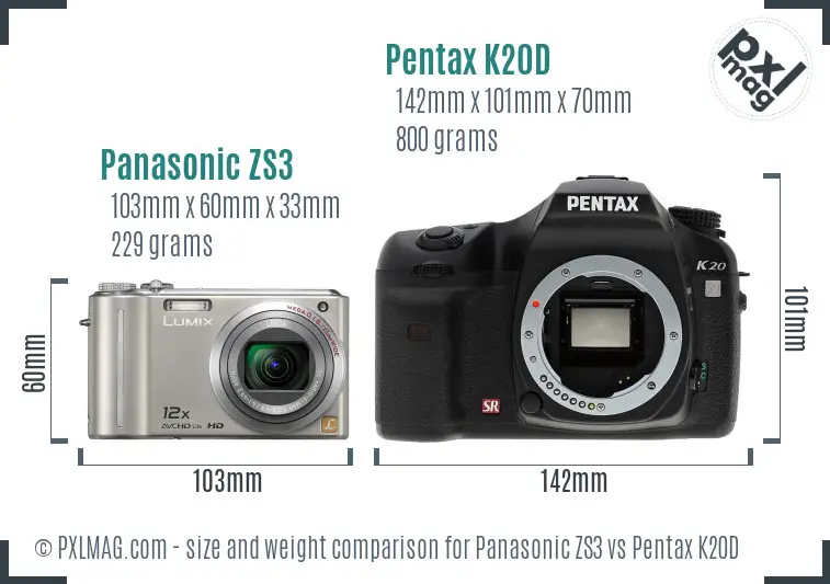 Panasonic ZS3 vs Pentax K20D size comparison