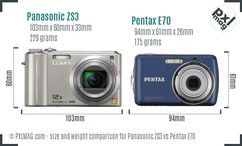 Panasonic ZS3 vs Pentax E70 size comparison