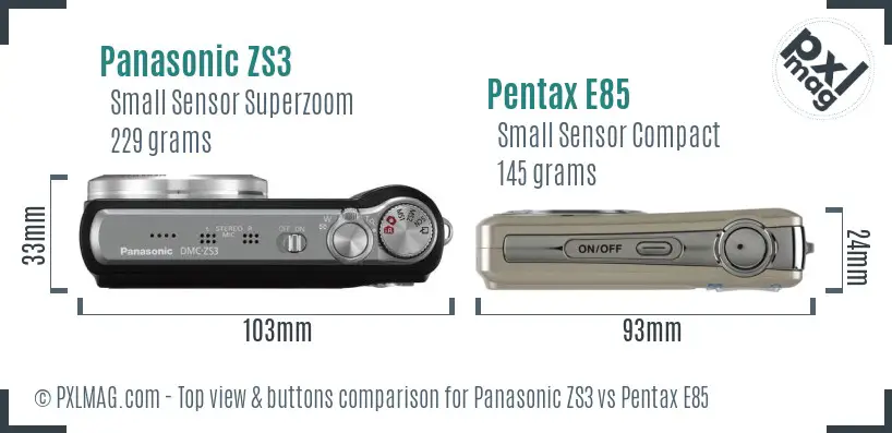 Panasonic ZS3 vs Pentax E85 top view buttons comparison