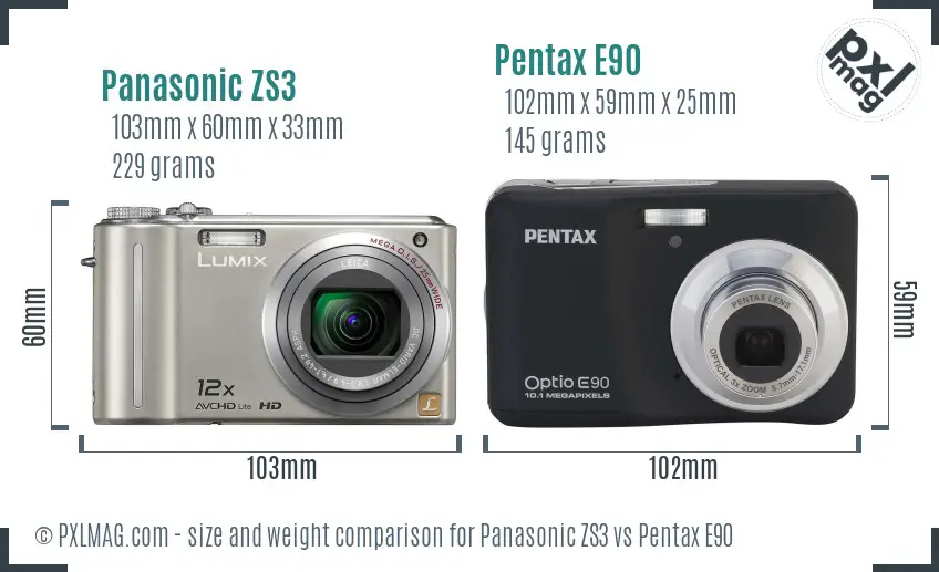 Panasonic ZS3 vs Pentax E90 size comparison