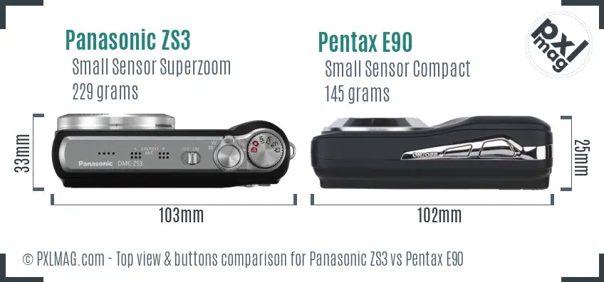 Panasonic ZS3 vs Pentax E90 top view buttons comparison