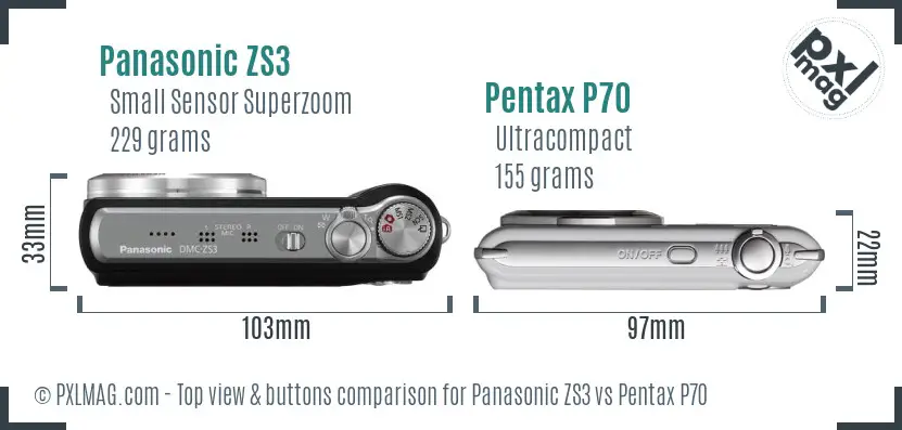 Panasonic ZS3 vs Pentax P70 top view buttons comparison