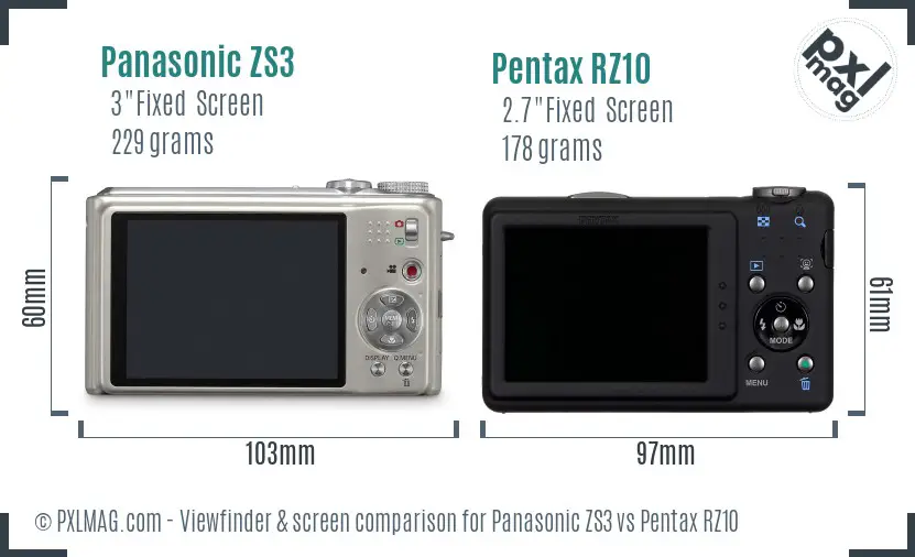 Panasonic ZS3 vs Pentax RZ10 Screen and Viewfinder comparison