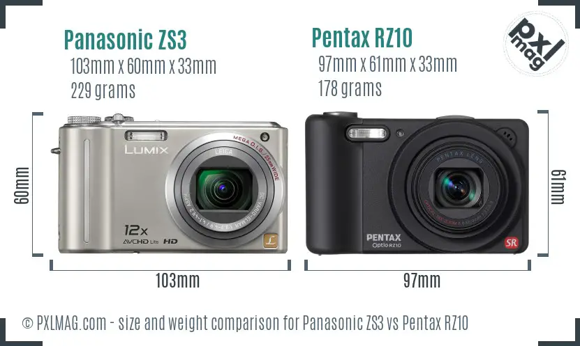 Panasonic ZS3 vs Pentax RZ10 size comparison