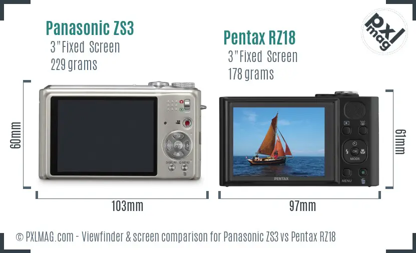 Panasonic ZS3 vs Pentax RZ18 Screen and Viewfinder comparison